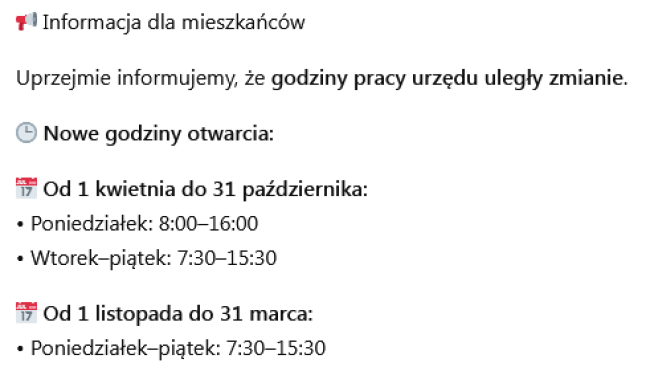 Godziny pracy urzędu 2026