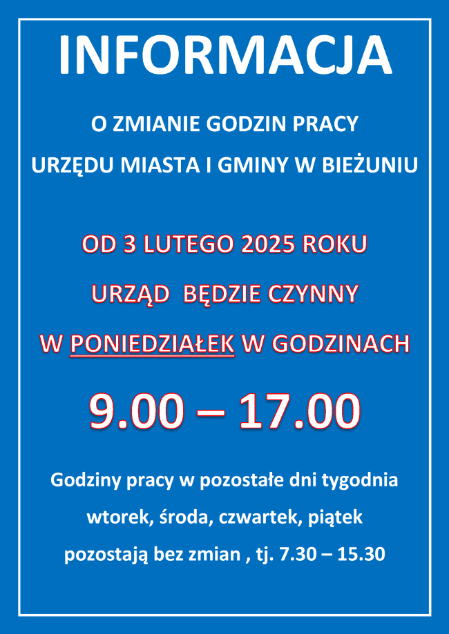 Godziny pracy urzędu od 3 lutego 2025